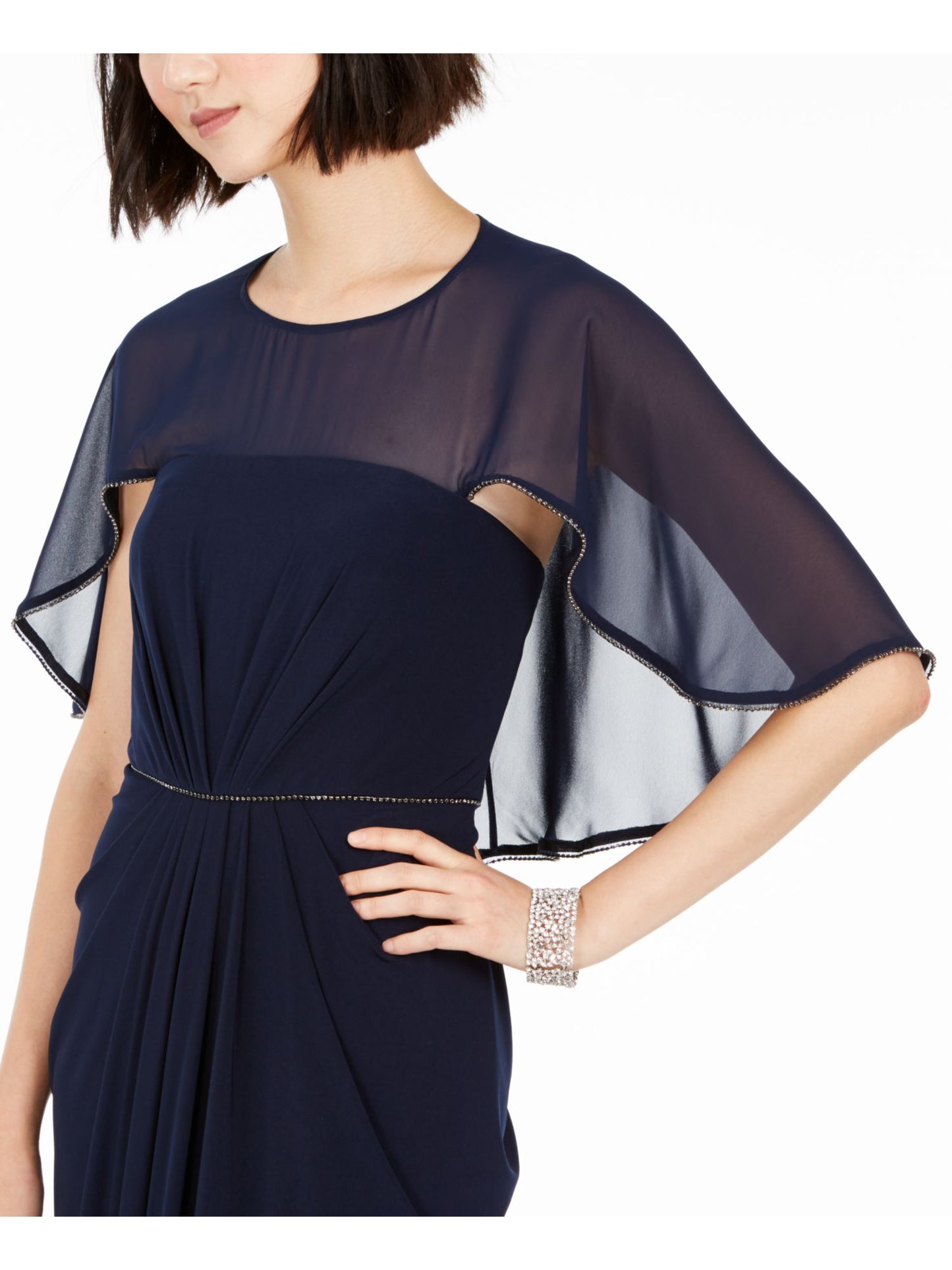 Adrianna Papell Women's Ruched Embellished Slitted Sleeveless Jewel Neck Full Length Fit Flare Evening Dress Blue Size 16