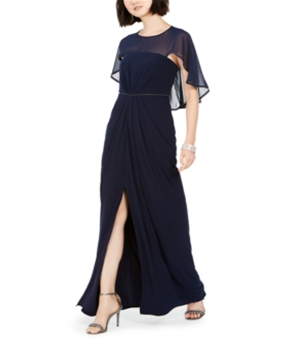 Adrianna Papell Women's Ruched Embellished Slitted Sleeveless Jewel Neck Full Length Fit Flare Evening Dress Blue Size 16