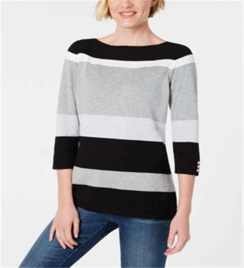 Karen Scott  Women's Striped Boatneck Sweater  Deep Black  Size XS