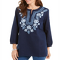 Charter Club Women's Metallic Embroidery Linen Blen Top Blue Size X-Large