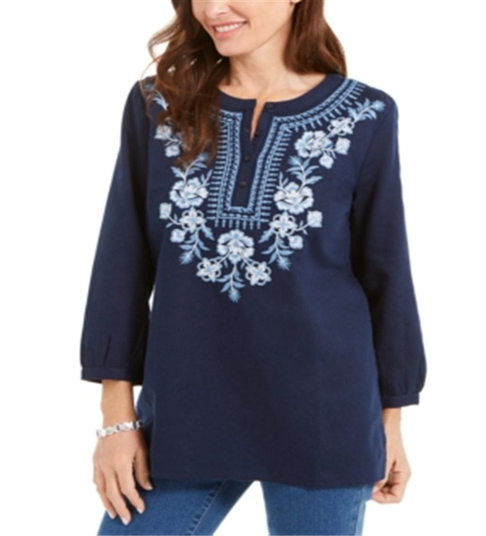 Charter Club Women's Metallic Embroidery Linen Blen Top Blue Size X-Large