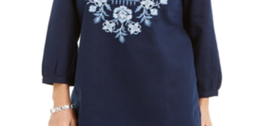 Charter Club Women's Metallic Embroidery Linen Blen Top Blue Size X-Large