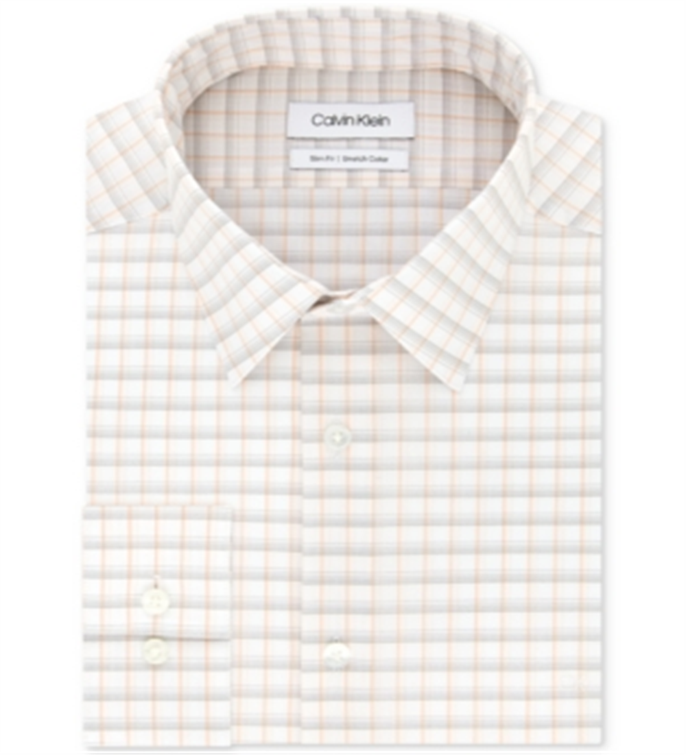 Calvin Klein Men's Slim Fit Stretch Collar Check Dress Shirt Orange Size 15.5X34X35