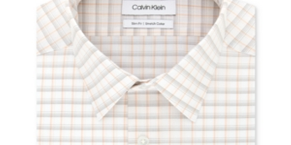 Calvin Klein Men's Slim Fit Stretch Collar Check Dress Shirt Orange Size 15.5X34X35