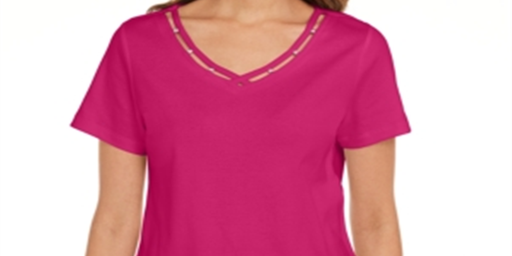 Karen Scott Women's Open-Trim V-Neck T-Shirt  Pink Size M