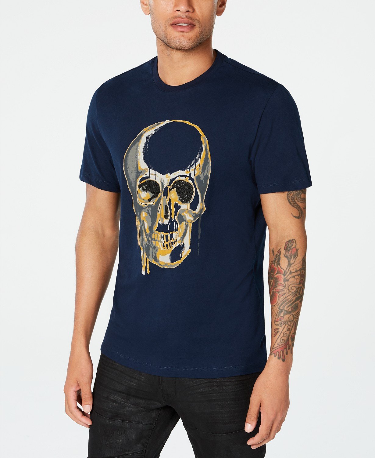 INC Men's Beaded Melting Skull T-Shirt  Blue Size Large