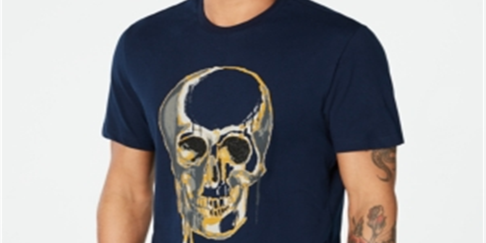 INC Men's Beaded Melting Skull T-Shirt  Blue Size Large