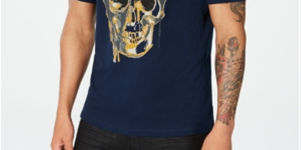 INC Men's Beaded Melting Skull T-Shirt  Blue Size Large