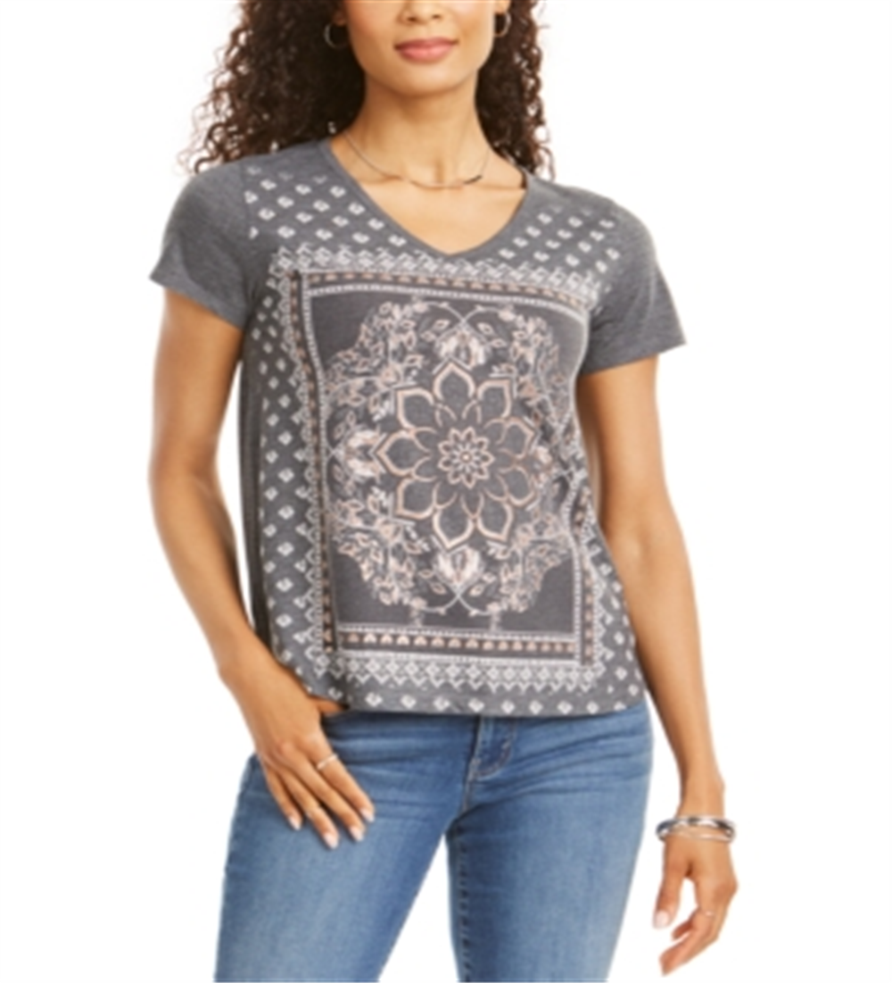 Style & Co Women's Placed Print V Neck T-Shirt Gray Size Petite M