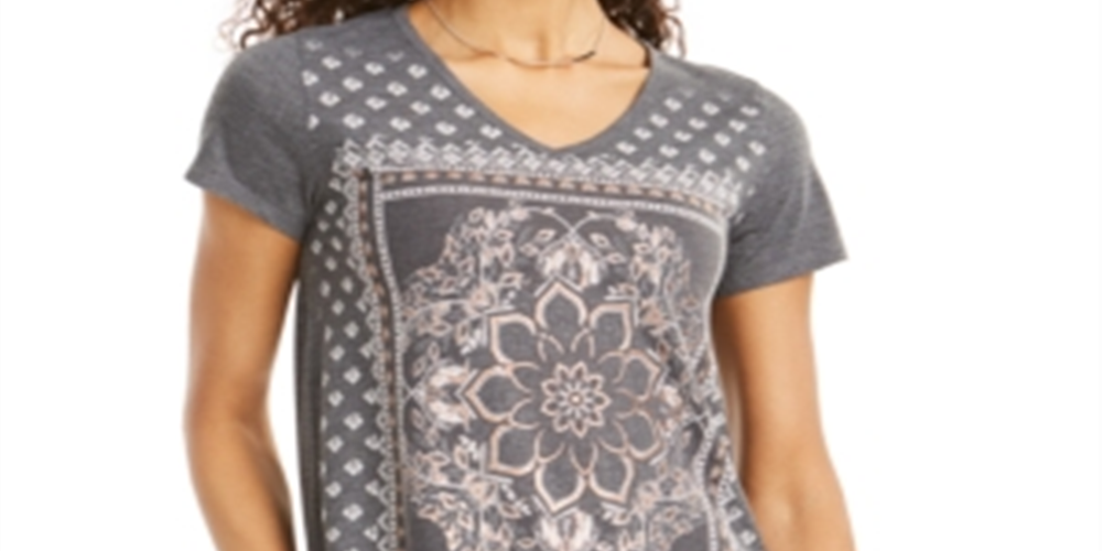 Style & Co Women's Placed Print V Neck T-Shirt Gray Size Petite M