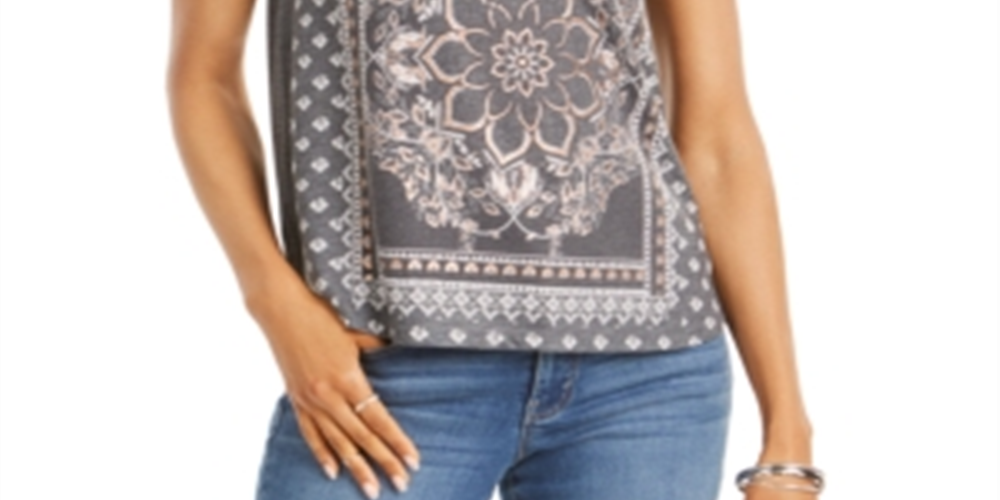Style & Co Women's Placed Print V Neck T-Shirt Gray Size Petite M