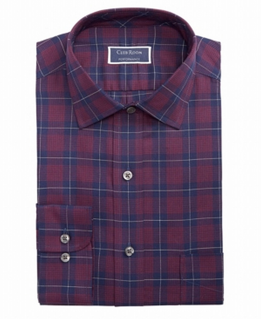 Club Room Men's Classic Regular Fit Stretch Twill Houndstooth Plaid Dress Shirt Red Size 15X32X33