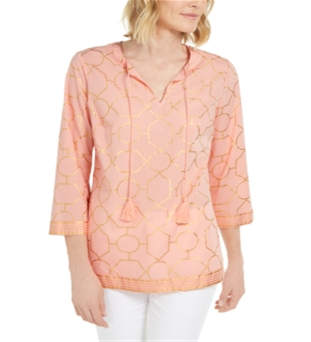 Charter Club Women's Foil Print Linen Top Orange Size X-Small
