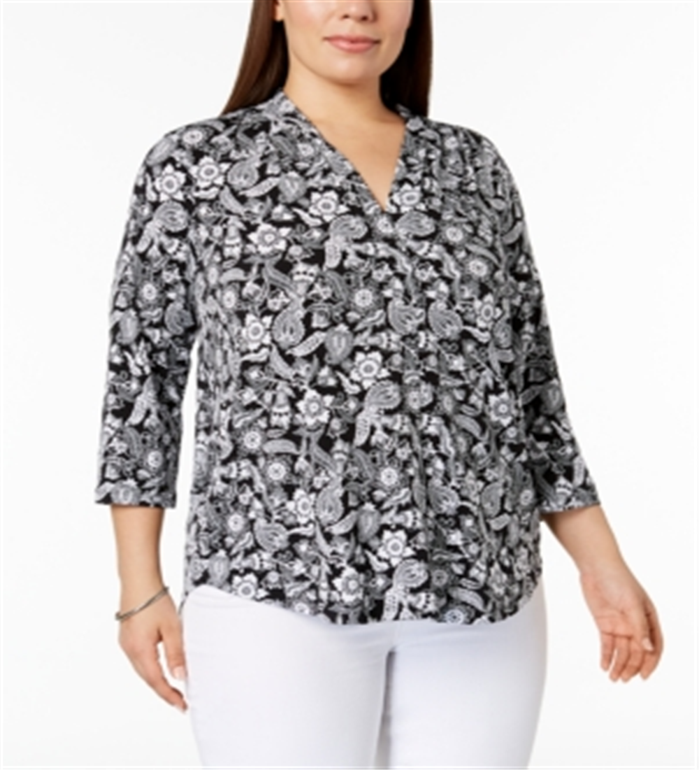 Charter Club Women's Plus Size Printed 34-Sleeve T Deep Black Floral Paisley Size 3X