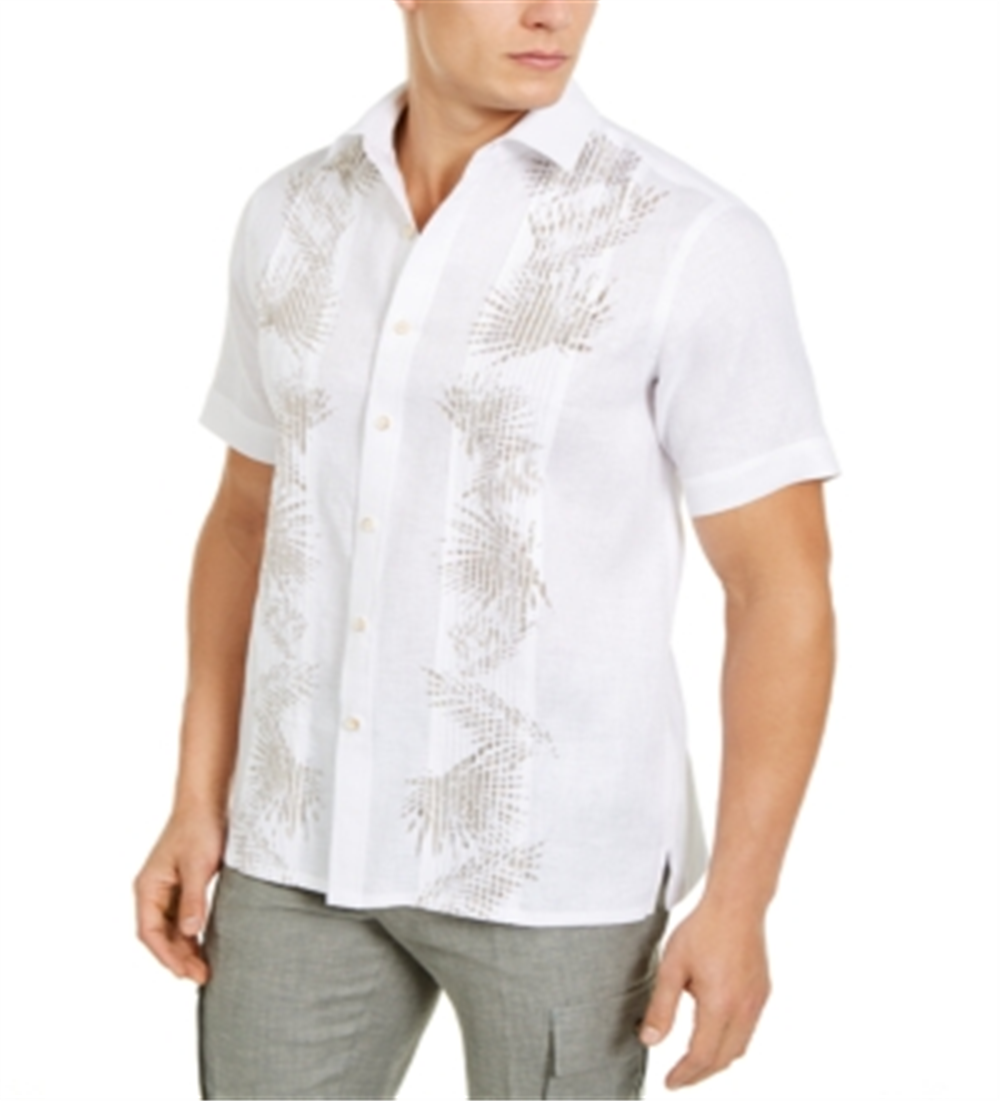 Tasso Elba Men's Pintucked Tropical Print Shirt  White Size Medium