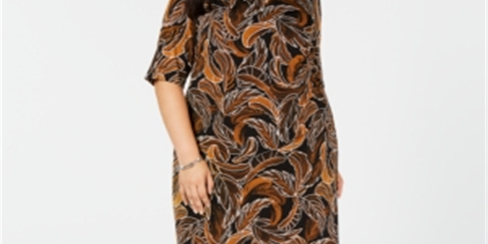 Connected Trendy Plus Leaf-Print Sheath Dress Brown Size 14W
