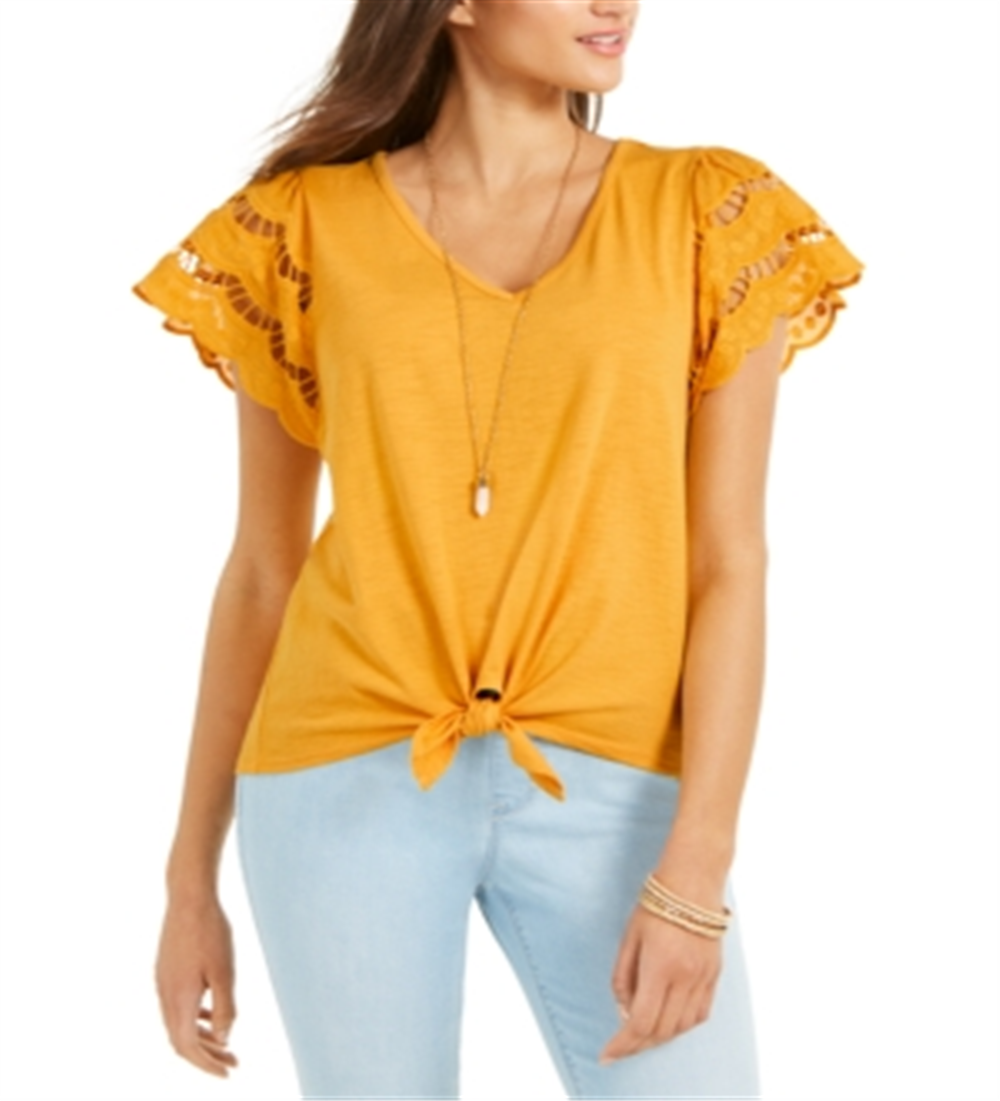 Style & Co Women's Eyelet Sleeve Tie Front Top Yellow Size XX-Large