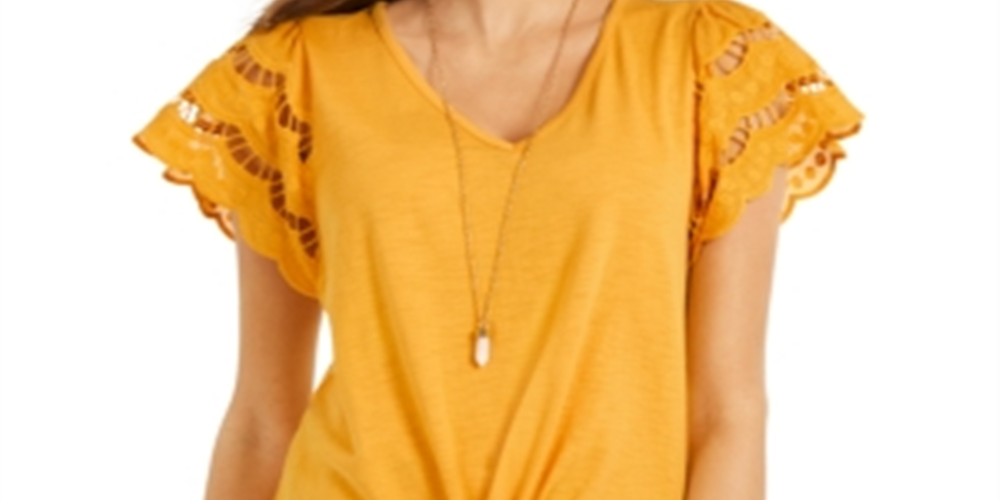 Style & Co Women's Eyelet Sleeve Tie Front Top Yellow Size XX-Large