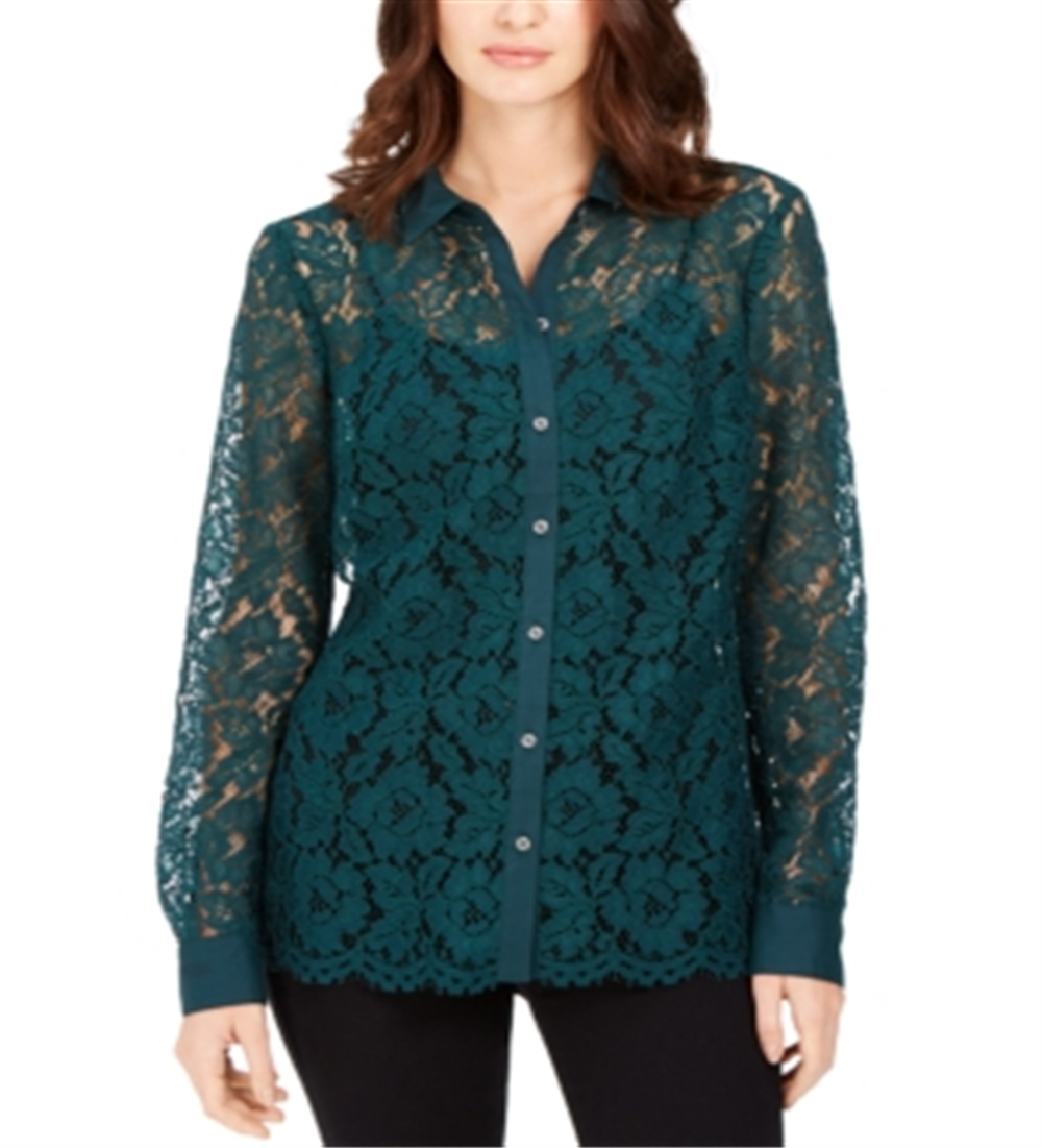 Charter Club Women's Lace Button Down Top Green Size Large