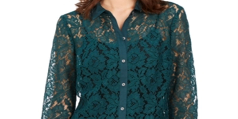 Charter Club Women's Lace Button Down Top Green Size Large