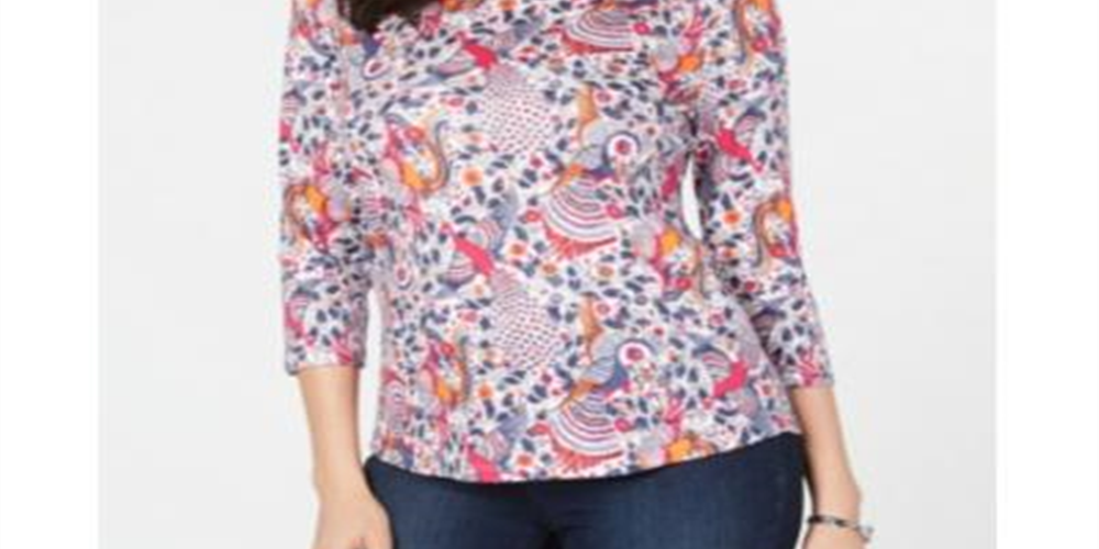 Charter Club Women's Petite Cotton Printed Top  Bright White Combo Size Petite M