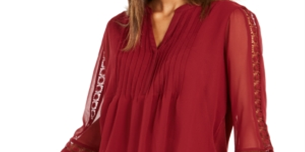 Charter Club Women's Petite Sheer Sleeve Pintuck Top Carriage Red Size Petite L