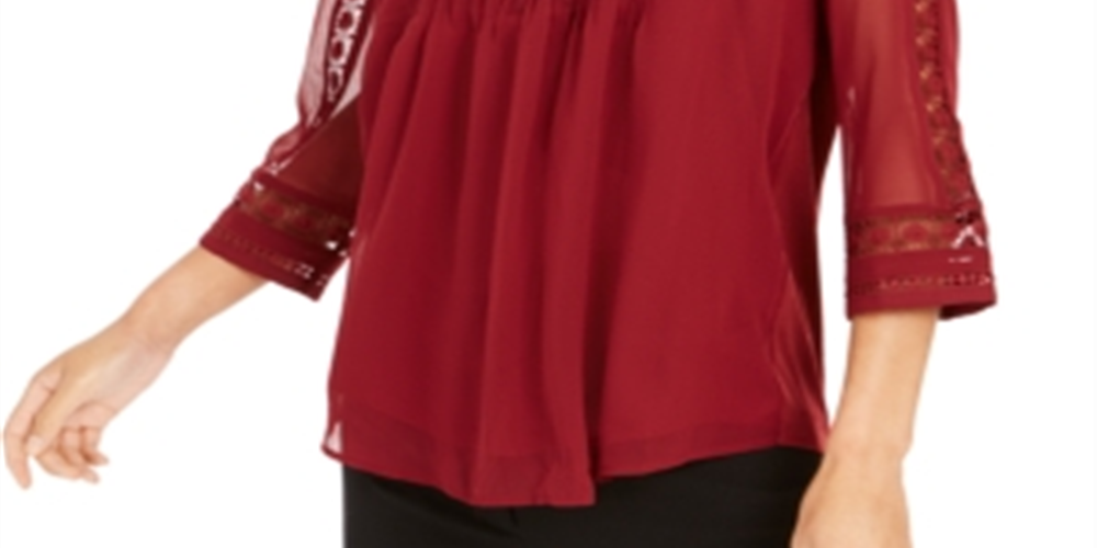 Charter Club Women's Petite Sheer Sleeve Pintuck Top Carriage Red Size Petite L