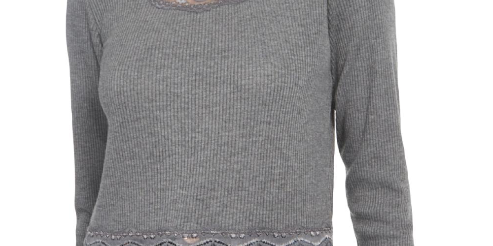 Planet Gold Juniors' Lace-Trim Top Gray Size Large