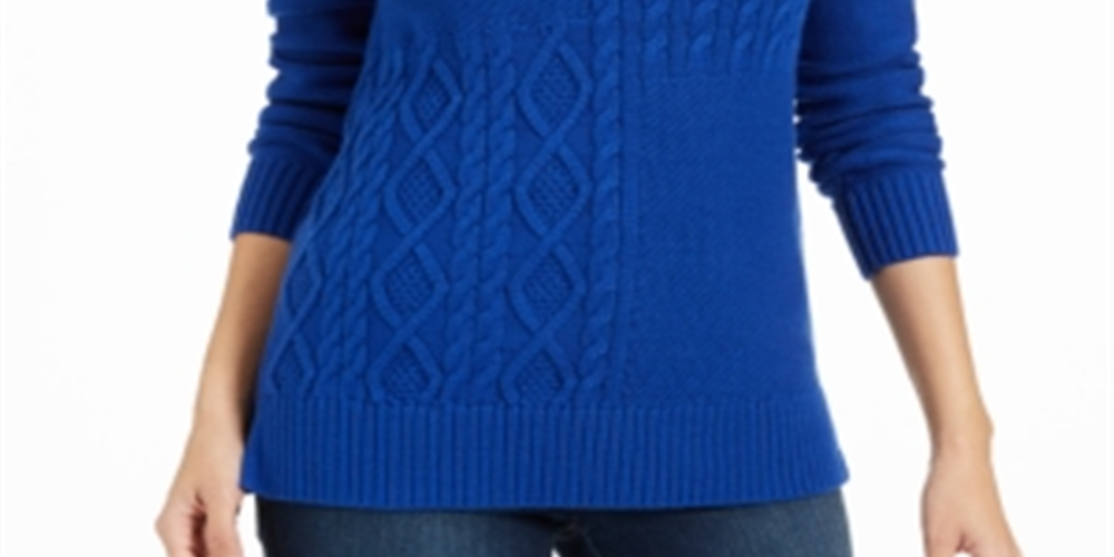 Charter Club Women's  Textured Solid Long Sleeve Jewel Neck Sweater Blue Size Petite L