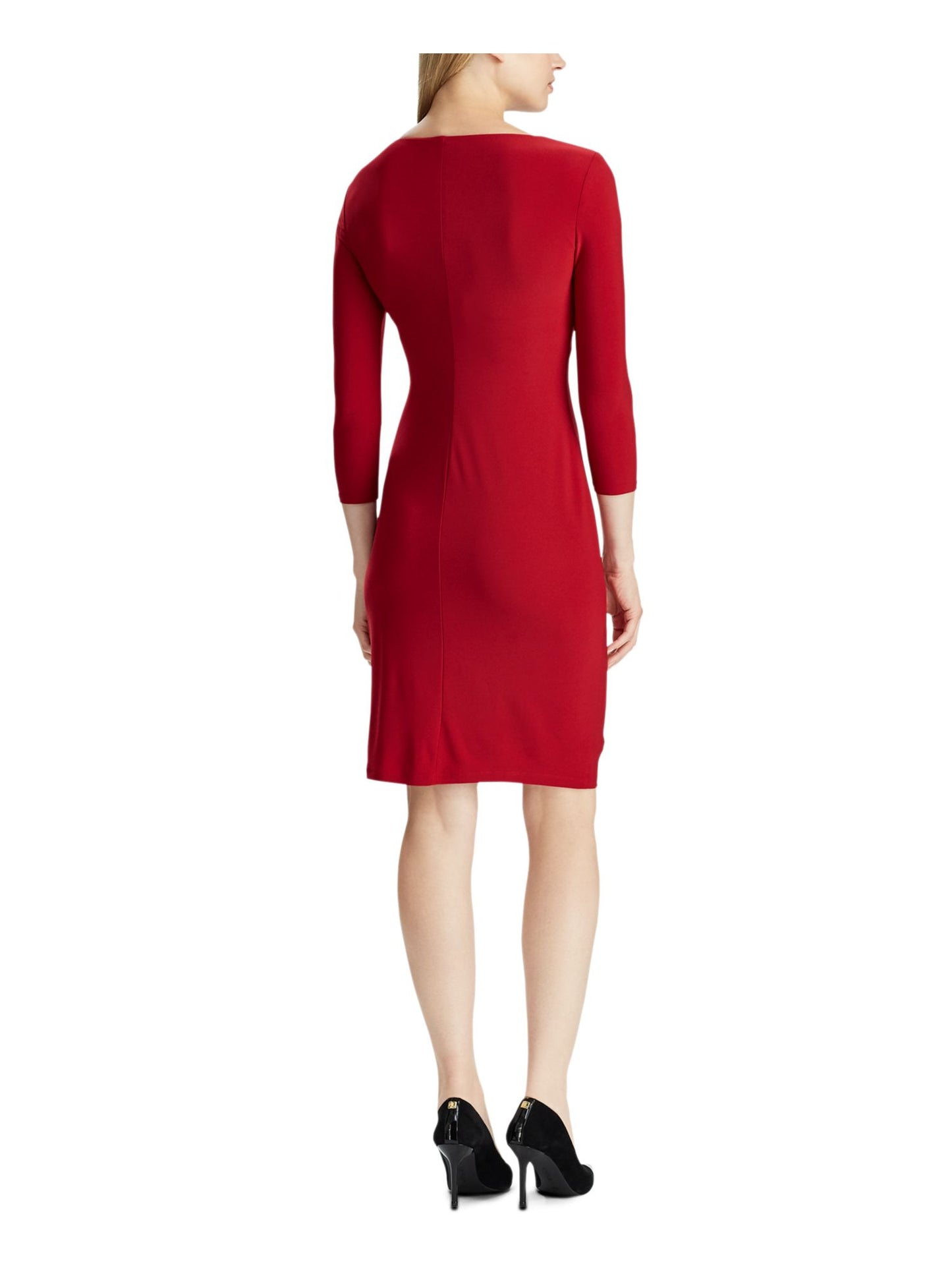 Lauren Ralph Lauren Women's Long Sleeve V Neck Above the Knee Cocktail Sheath Dress Petites Red Size 10 P