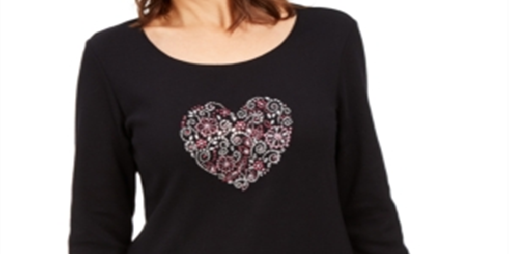 Karen Scott Women's Cotton Heart Embellished Top Black Size Petite S