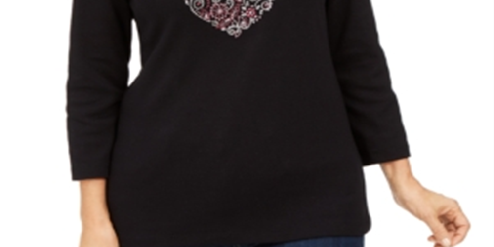 Karen Scott Women's Cotton Heart Embellished Top Black Size Petite S