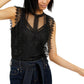 INC Women's Blouse Mock-Neck Lined Lace Keyhole Solid Black Size XS