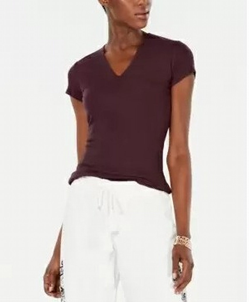 INC Women's Shirt V-Neck Ribbed Short Sleeve Top Purple Size Large