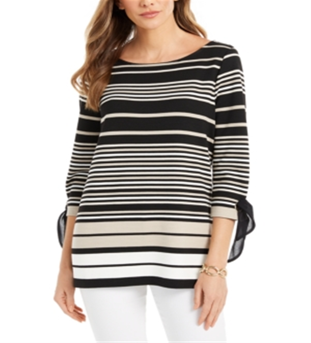 Charter Club Women's Striped Tie Sleeve Top Black Size Petite S