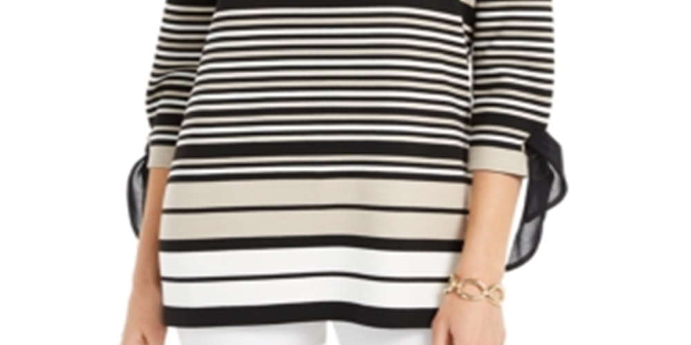 Charter Club Women's Striped Tie Sleeve Top Black Size Petite S