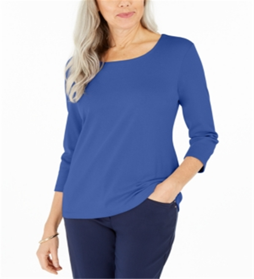 Karen Scott Women's  Cotton 3/4-Sleeve Top  Blue Size XS