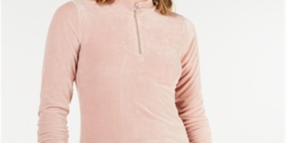 Crave Fame Junior's Corduroy Mock Neck Zip up Top -Blush Size M