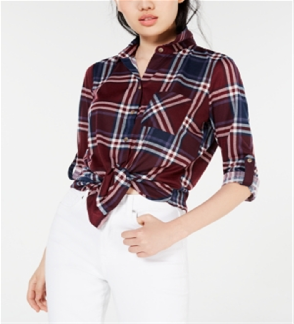 Polly & Esther Juniors' Plaid Roll-Tab Shirt Red Size Large