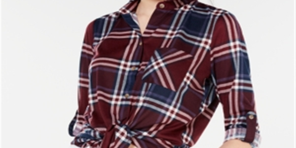 Polly & Esther Juniors' Plaid Roll-Tab Shirt Red Size Large