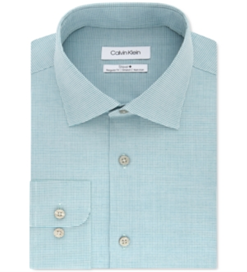 Calvin Klein Men's Classic Regular Fit Non Iron Performance Stretch Check Dress Shirt Green Size 15X32X33