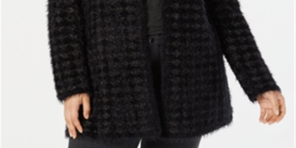 Alfani Women's Eyelash Yarn Cardigan Sweater Black Size 2X