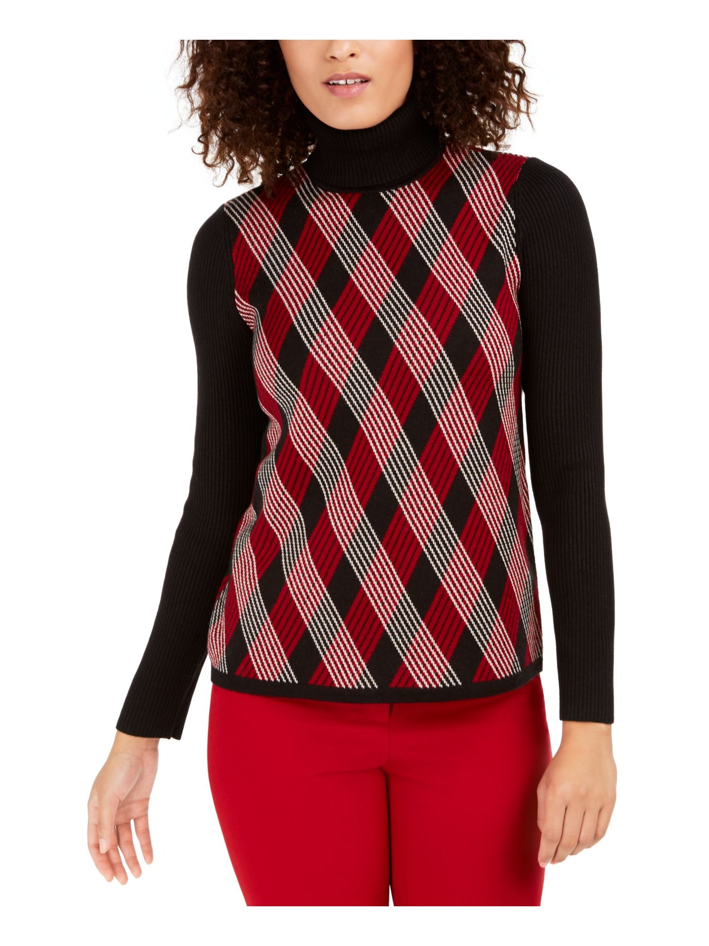 Anne Klein Women's Argyle Long Sleeve Turtle Neck Sweater Black Size Large