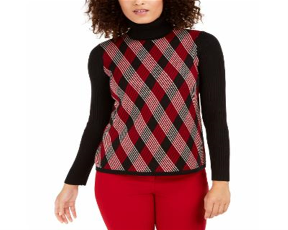 Anne Klein Women's Argyle Long Sleeve Turtle Neck Sweater Black Size Large