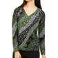 Michael Kors Women's Printed Long Sleeve V Neck Top Green Size Medium