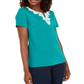 Karen Scott Women's Crochet Trim Split Neck Top Blue Size Medium