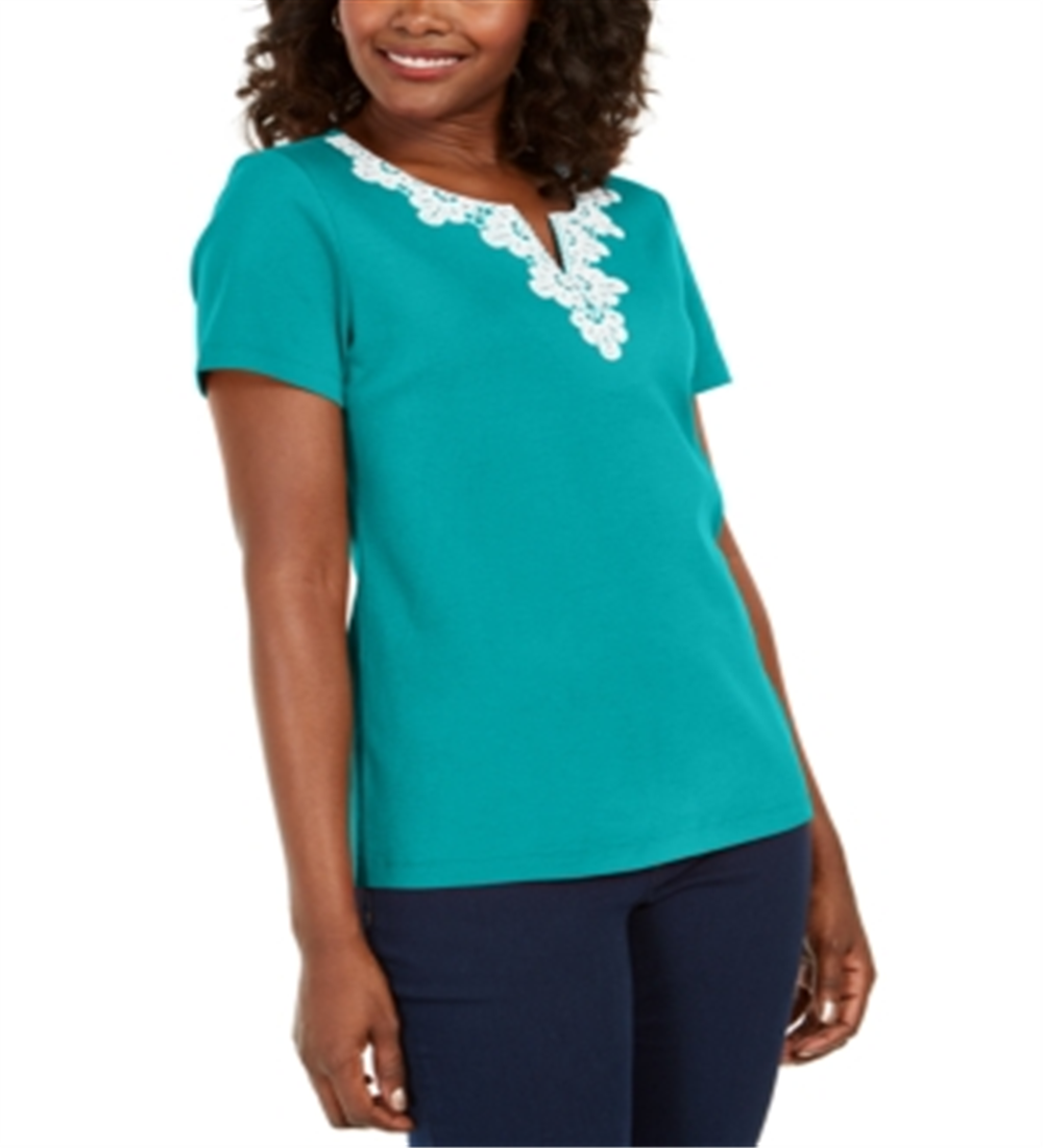 Karen Scott Women's Crochet Trim Split Neck Top Blue Size Medium