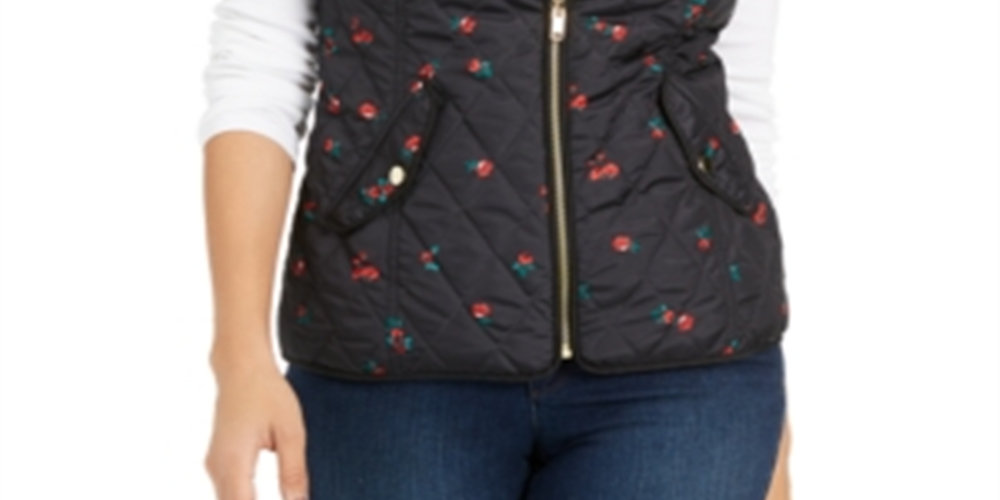Charter Club Women's Quilted Floral Print Zipper Vest Black Size Petite Medium