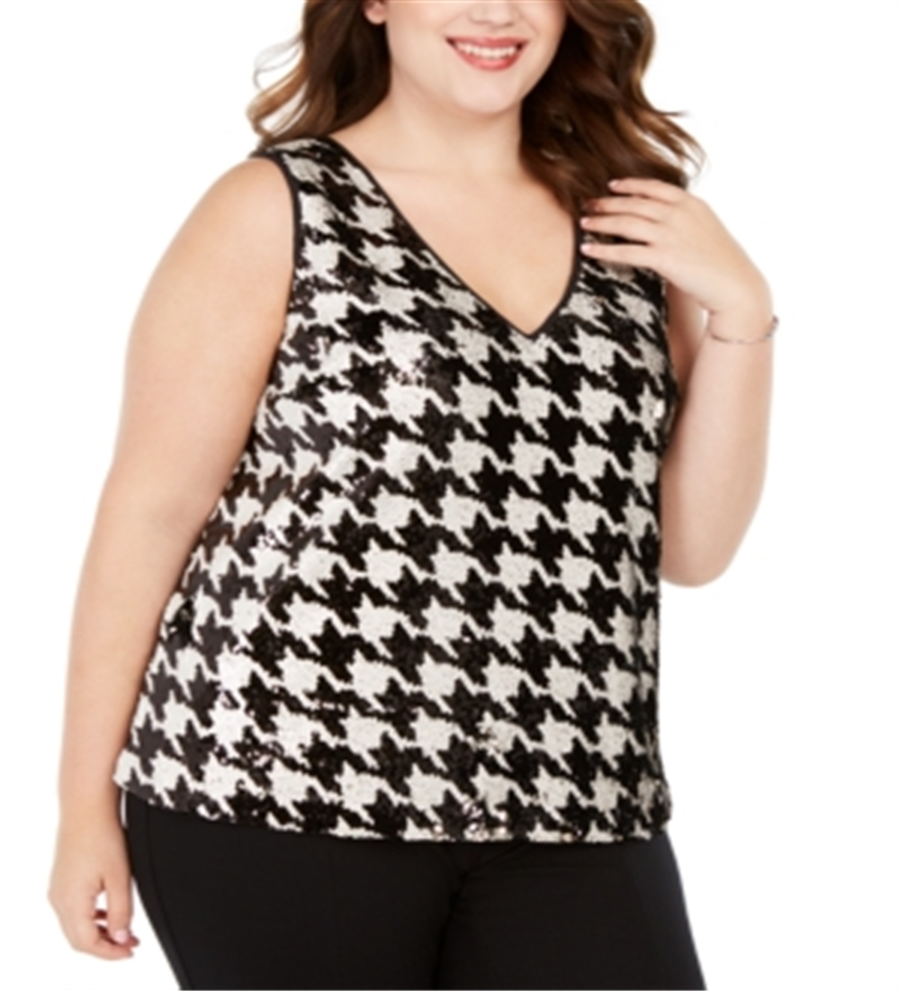 INC International Concepts Women's Sequin Houndstooth Tank Top Black Size 0X