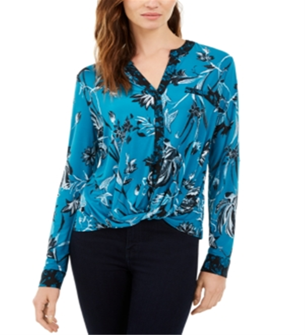 INC Women's  Twist-Front Top  - Pumpkin Blooms Green Size Medium